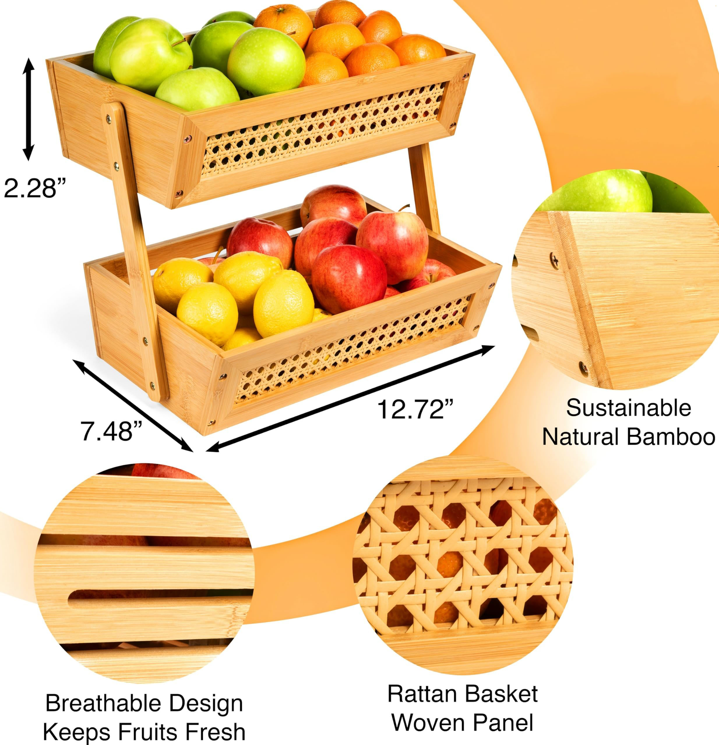 Bamboo fruit basket dimensions and rattan mesh details