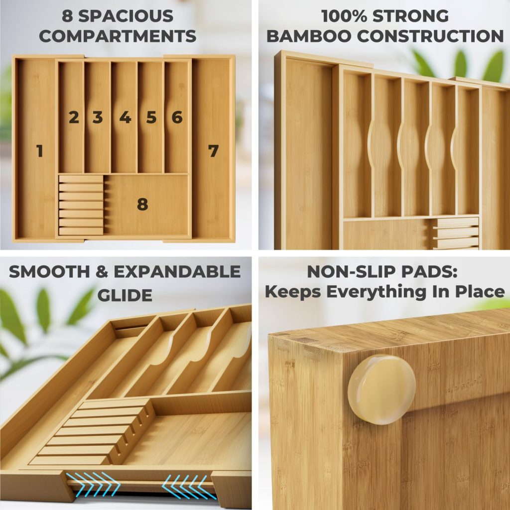Expandable bamboo drawer organizer with knife block dimensions showing 17-inch depth and 13 to 19.7-inch width