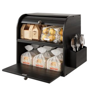 2 tier bread box with open lower door and side holder on white background