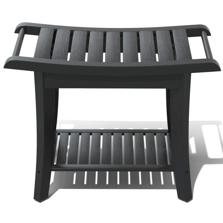 Black shower stool with a curved slatted seat, open side handles and a lower slatted shelf
