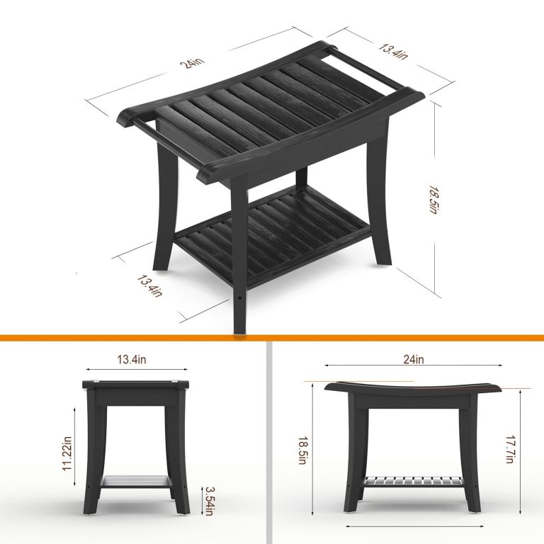 Black shower stool shown from angled, side and front views with measurement arrows