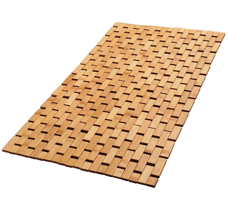 Foldable bamboo bath mat with staggered rectangular slats and visible gaps in a flat layout