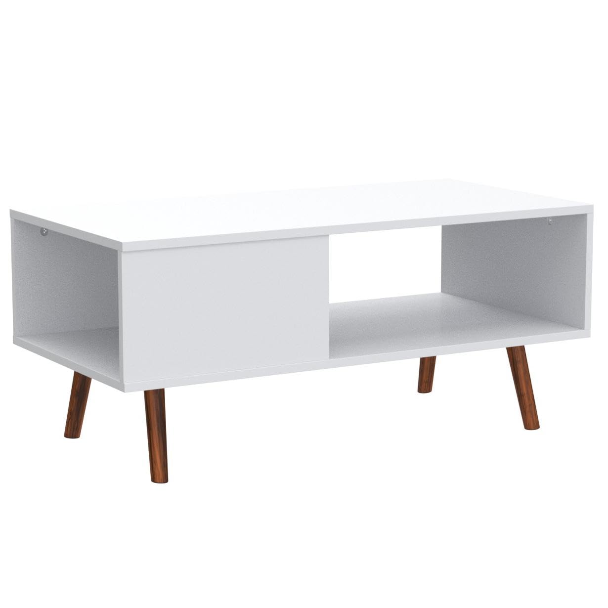 White coffee table with open shelf spaces and contrasting brown angled legs