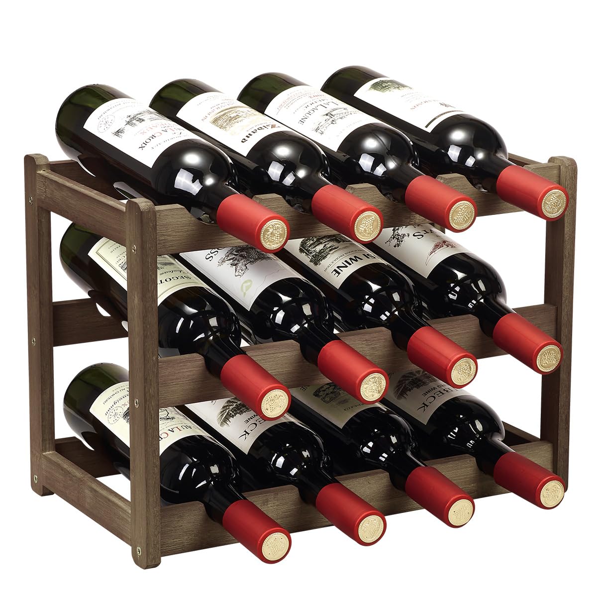 Countertop wine rack with three tiers of scalloped supports and four bottle positions across each level
