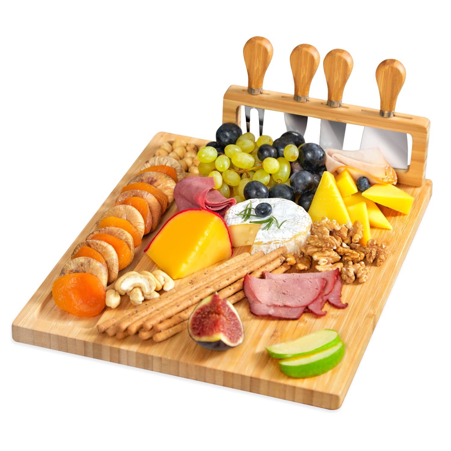 Charcuterie board with a four-slot upright tool rack and cheese fruit and crackers arranged across the serving surface