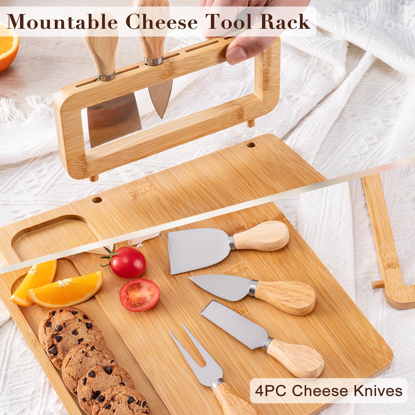 Removable cheese knife holder with two locating pegs above the board and four cheese tools shown separately