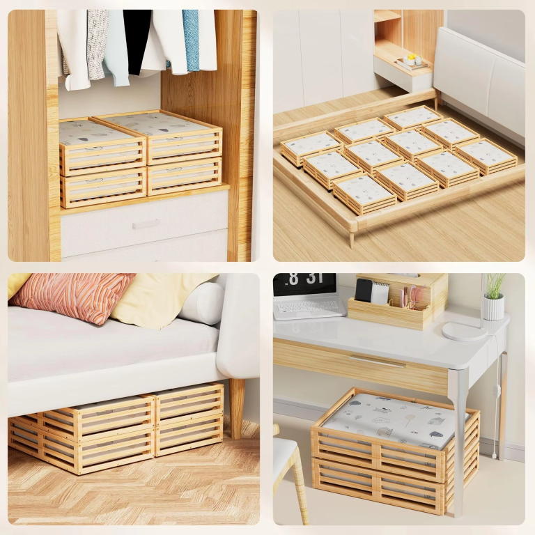Four-scene collage of slatted bamboo storage frames with printed fabric bags arranged in a wardrobe, bed frame and under furniture