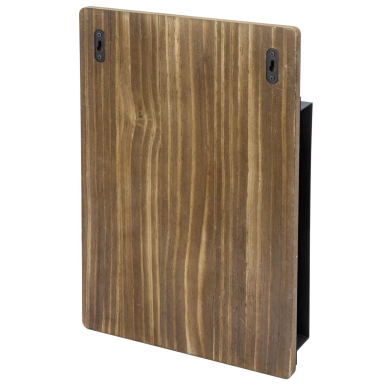 Rear view of a wood-toned coffee pod organizer with two black keyhole-shaped fittings near the upper corners