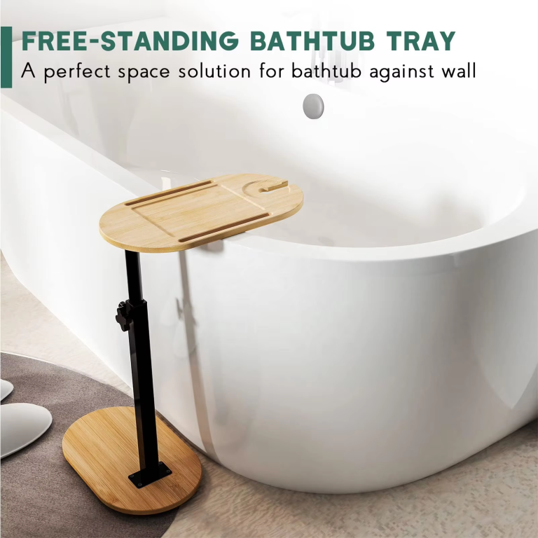 Supplier layout reference of an empty bamboo bathtub tray with long top slots, a short-end cutout, black support post and oval base