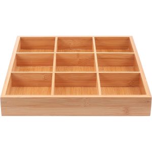Bamboo tray with 9 sections arranged in a three-by-three grid, shown empty on a white background