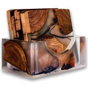 Wood and resin coasters stored upright in a matching holder with a curved front opening
