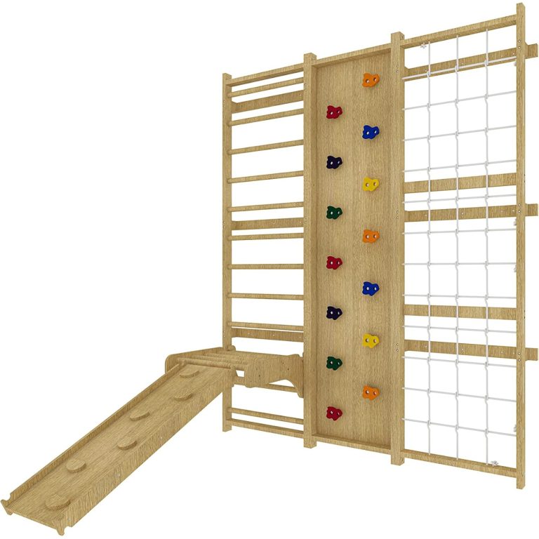 Wooden ladder wall gym set with horizontal rungs, a central panel of colored climbing holds, a white rope net and a projecting foothold ramp