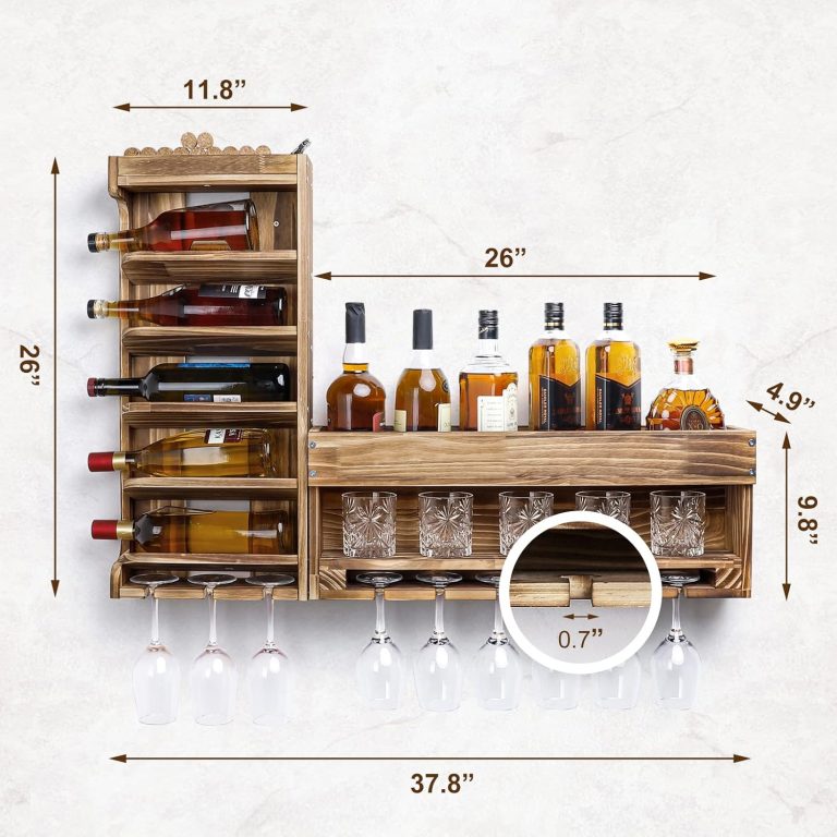 Wine rack size graphic showing a 26-inch tall vertical unit and 26-inch wide horizontal unit with 4.9-inch depth