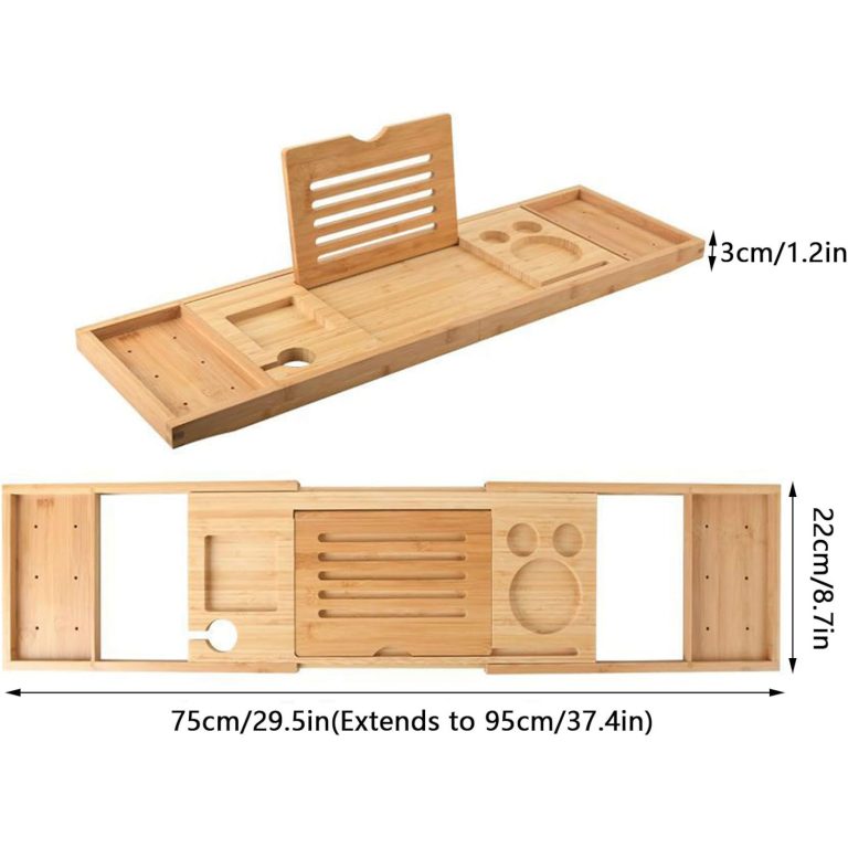 Supplier dimension illustration showing a bamboo bathtub tray in angled and top views with upright and flat panel positions