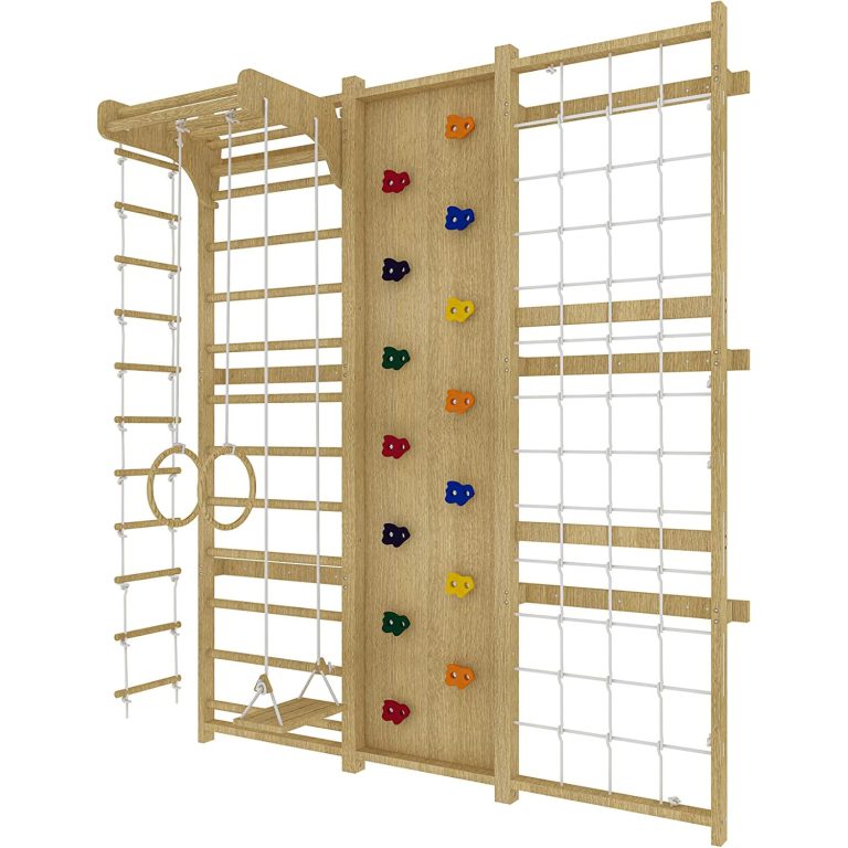Wooden ladder wall gym set in an alternate configuration with overhead rungs, a hanging rope ladder, wooden rings, a suspended seat and a rope net