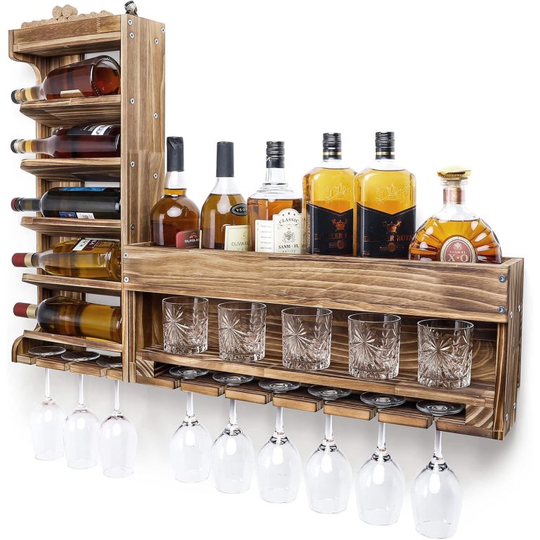 Two-piece wooden wall mounted wine rack with five bottle slots, shelves and hanging stemware holders