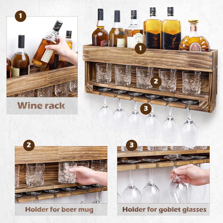 Horizontal pine wine rack with bottle shelf, tumbler shelf and six hanging wine glasses shown in detail panels
