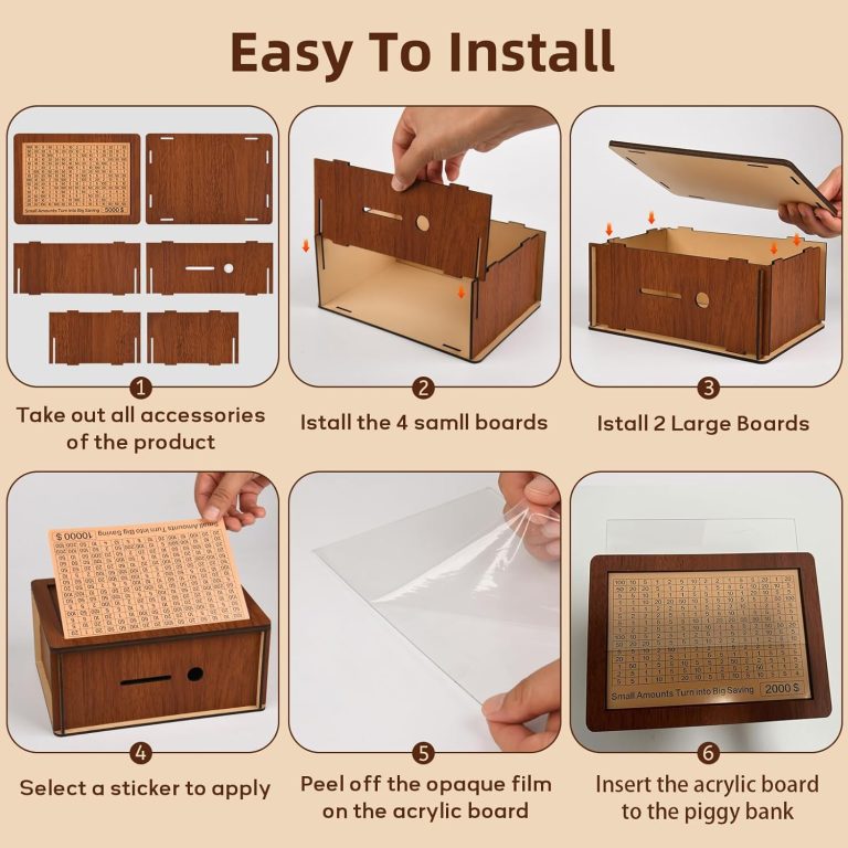 Six-step illustration showing the money box panels being assembled and a goal card and clear front panel being fitted