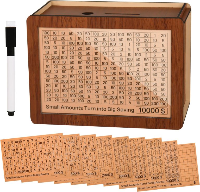 Wooden money saving box with a clear front, a numbered savings goal card, a top deposit slot and additional goal cards