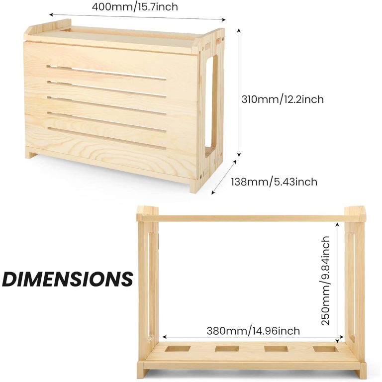 Router storage box dimension diagram showing 400 by 138 by 310 mm overall and a 380 by 250 mm inner opening