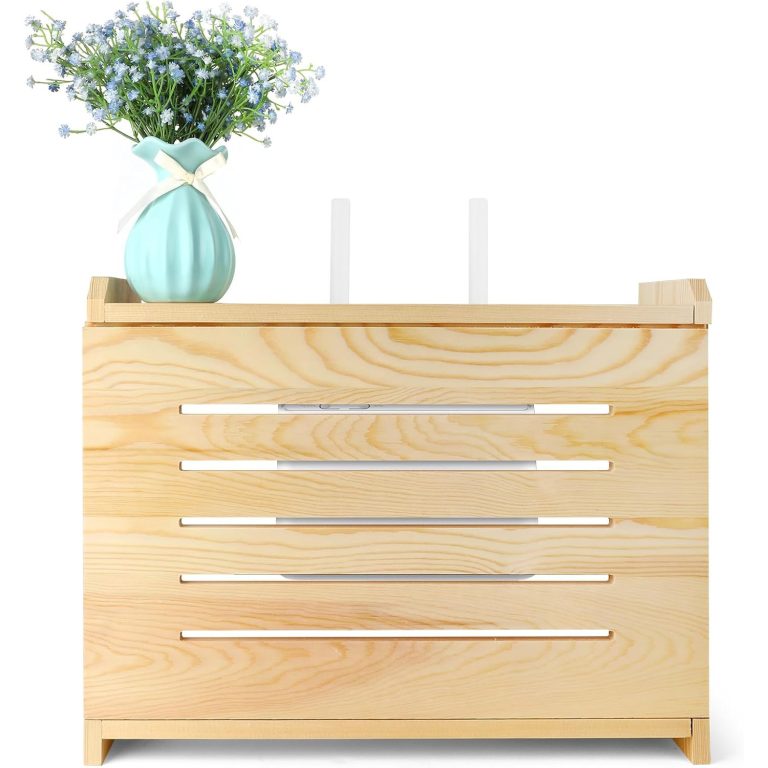 Wooden WiFi router storage box with five horizontal front slots, router antennas and a turquoise flower vase above
