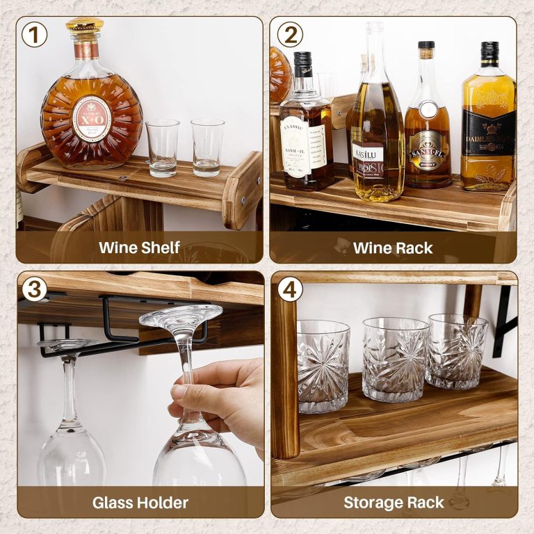 Four detail views of the airplane wine rack showing bottle shelves, a glass hanger and a tumbler shelf
