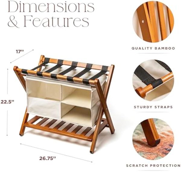China Factory Direct Supplier Bamboo Luggage Rack Holder With Removable Laundry Bag And Storage Shelf - Image 3
