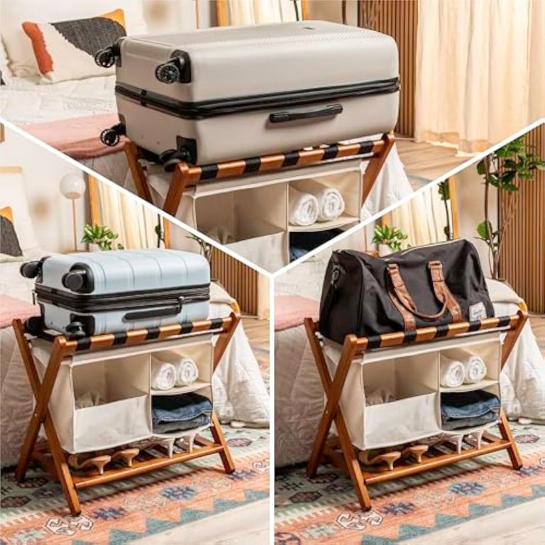 Three-scene reference showing a bamboo luggage rack with a hanging fabric organizer, pictured with two different suitcases and a travel bag