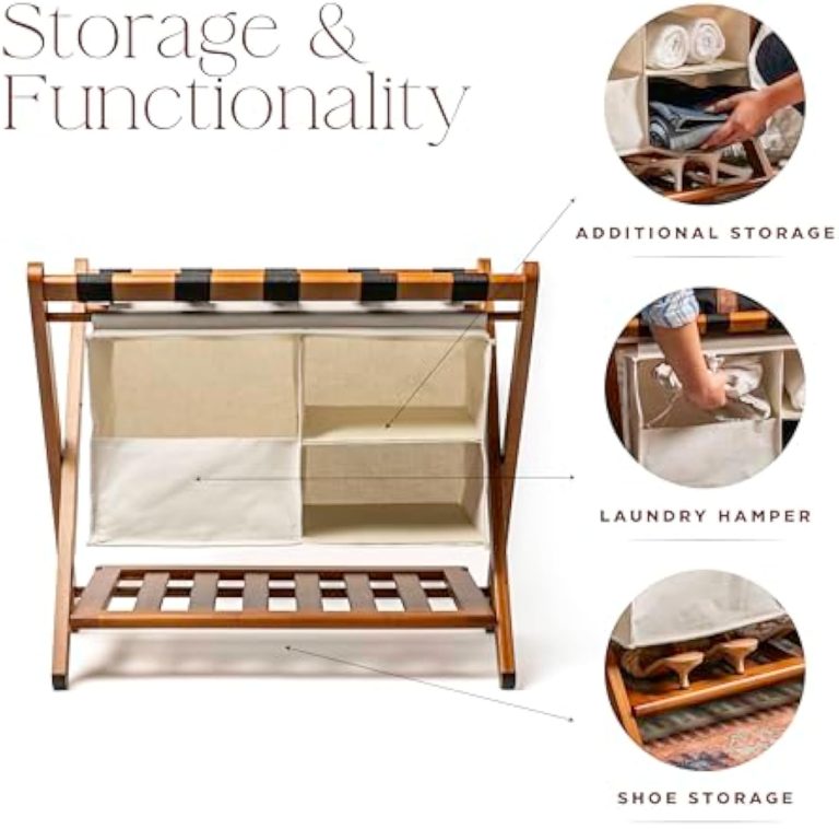 Supplier storage-layout illustration of a bamboo luggage rack showing a large fabric compartment, two right-hand cubbies and a lower slatted shelf