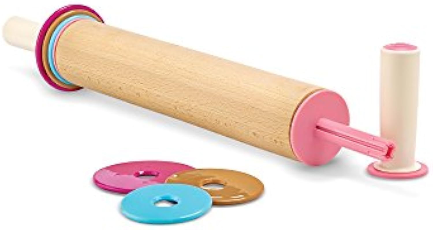 Adjustable baking rolling pin with a wooden barrel, removable cream handles and colored thickness rings shown apart