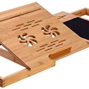 Bamboo treadmill laptop stand with a raised ventilated panel, front ledge, black mouse pad and extended side frames
