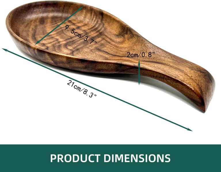 Wooden spoon rest reference diagram showing 21 cm length, 9.5 cm width and 2 cm height