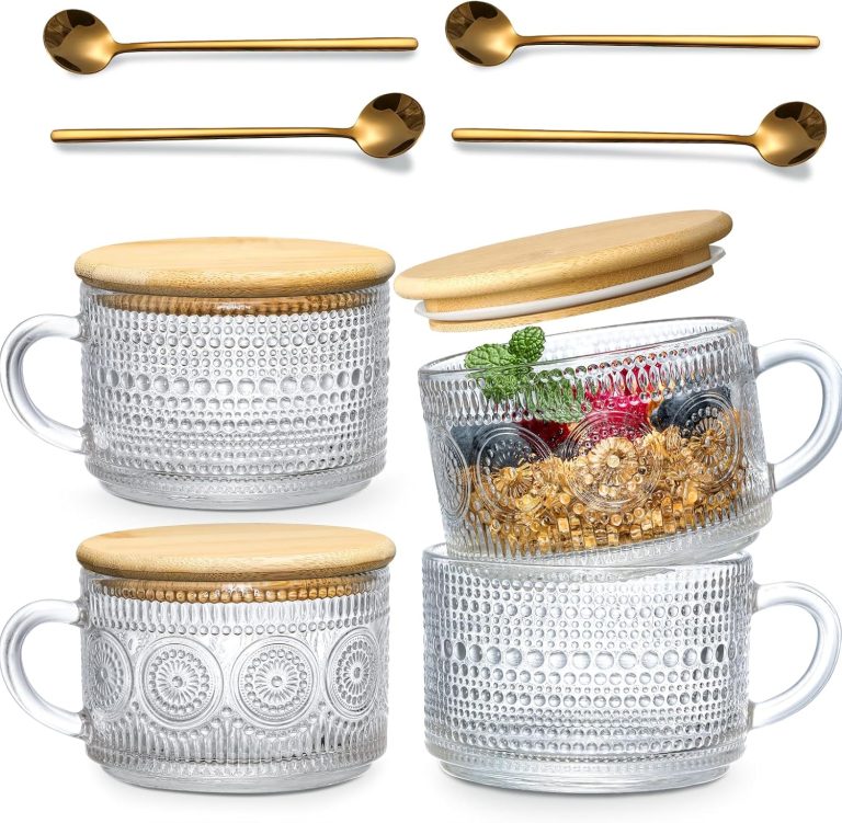 Four embossed vintage glass coffee mugs with bamboo lids and four gold-tone metal spoons