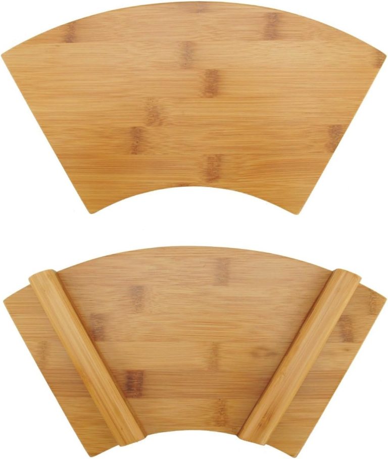Top and underside of a fan-shaped bamboo sushi tray with two raised support rails