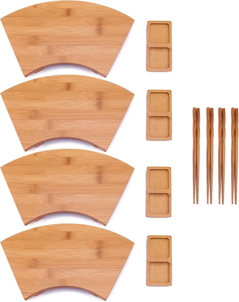Bamboo sushi plate set with four fan-shaped trays, four divided sauce dishes and four pairs of chopsticks