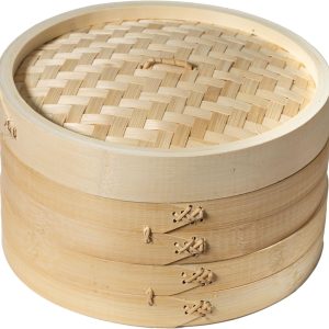 Two-tier bamboo steamer baskets stacked under a woven bamboo lid with a loop handle