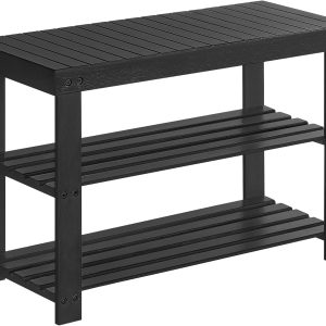 Black bamboo shoe rack bench with a slatted seat and two open shoe shelves