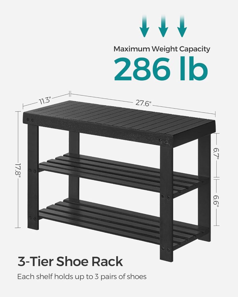 Black bamboo shoe bench dimension graphic showing 27.6-inch width, 11.3-inch depth and 17.8-inch height