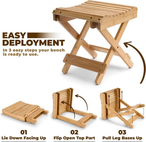 China Manufacturer Bamboo Folding Step Stool Bench Waterproof Bathroom Bench - Image 4