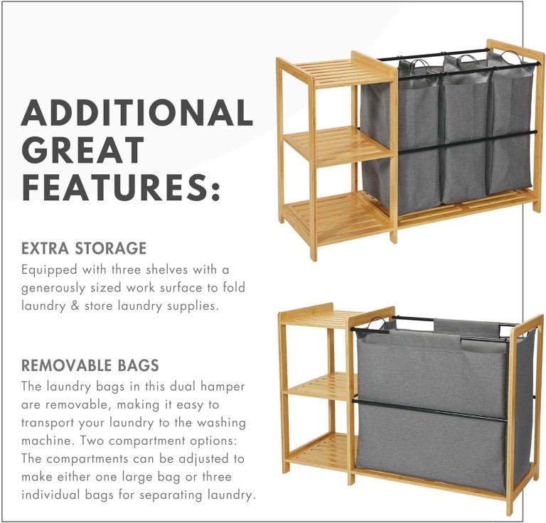 Bamboo laundry hamper comparison showing three separate gray bags and one large gray bag beside three shelves