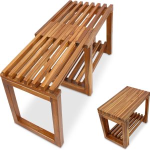 Adjustable acacia wood bench shown extended with interleaving top slats and in a compact inset view