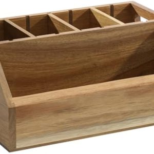 Empty acacia wood cutlery holder with four rear compartments, a long front compartment and side handles