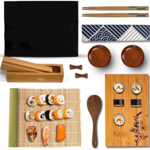 Bamboo sushi making kit with wooden maki press, rolling mat, rice paddle, serving plate, chopsticks and sauce dishes