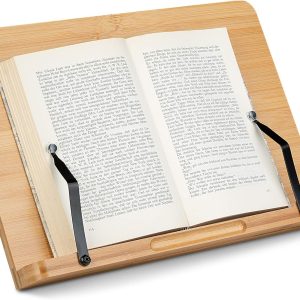 Bamboo book stand supporting an open book with two adjustable metal page holders