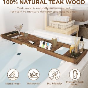 Teak Bath Tray Adjustable Bathtub Caddy Luxury Bath Tray with Expandable Handles Bamboo Bathroom Wooden Products Manufacturer