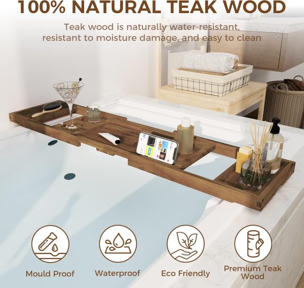 Teak Bath Tray Adjustable Bathtub Caddy Luxury Bath Tray with Expandable Handles Bamboo Bathroom Wooden Products Manufacturer