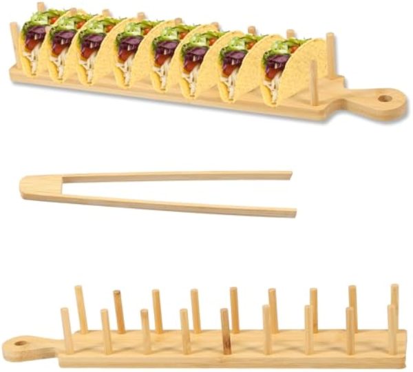 Bamboo Taco Tray with Tong Rectangular Taco Holder Tacos Kitchen Serving Display Rack Bamboo Kitchenware Products Manufacturer
