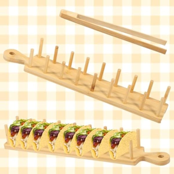 Bamboo Taco Tray with Tong Rectangular Taco Holder Tacos Kitchen Serving Display Rack Bamboo Kitchenware Products Manufacturer - Image 2