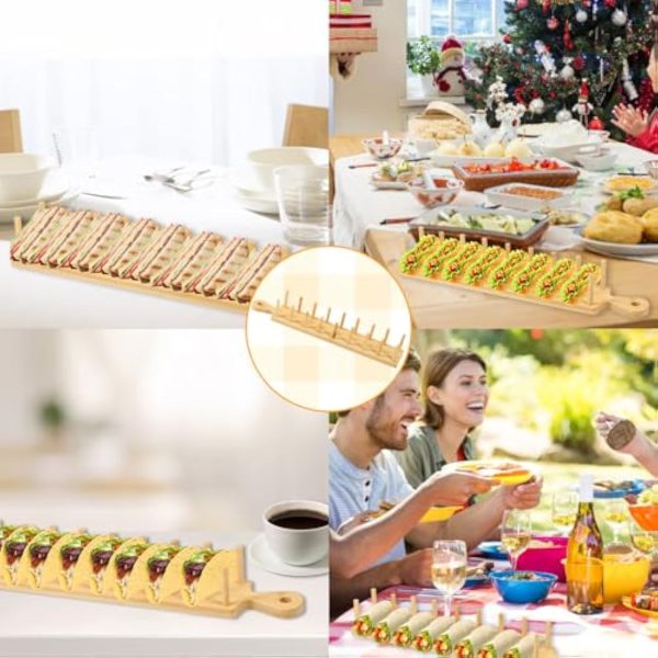 Bamboo Taco Tray with Tong Rectangular Taco Holder Tacos Kitchen Serving Display Rack Bamboo Kitchenware Products Manufacturer - Image 3