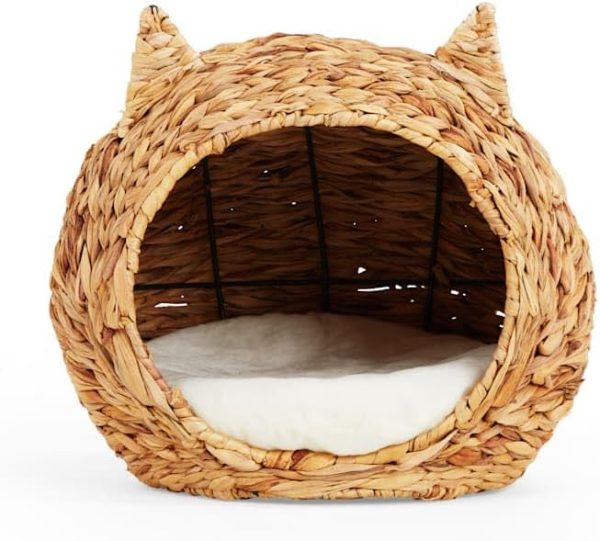 Straw Cat Head Bed With Seagrass Basket Weave Removable Washable Pillow Insert Basket Bamboo Wooden Products Manufacturer